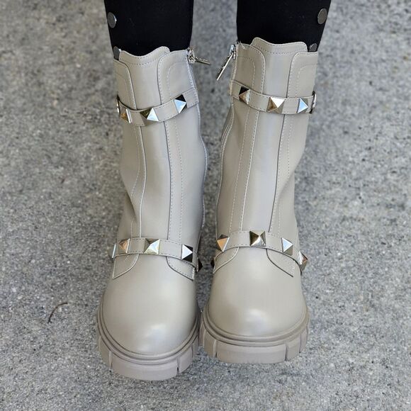 Women's Grey Pyramid Stud Ankle Combat Boot - Picture 3 of 5